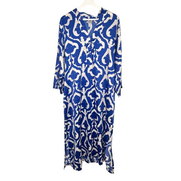 Natori Floral Bishop Sleeve V-Neck Robe Maxi Dress Blue/White Women's Size XL - Picture 1 of 11